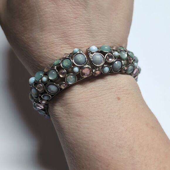 249 Vintage Silver Blue and Pink Faceted Beaded Bangle Bracelet - Picture 1 of 6